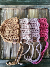 Load image into Gallery viewer, Baby Bonnets, Summer Bonnet, Cotton Baby Headwear, Photo Prop, Baby Hat, crochet, knit, knitting, handmade, Easter